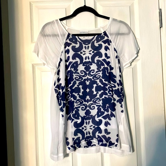 Like New Women’s Small Liz Claiborne Blue and White Bohemian Style Blouse - Picture 1 of 8